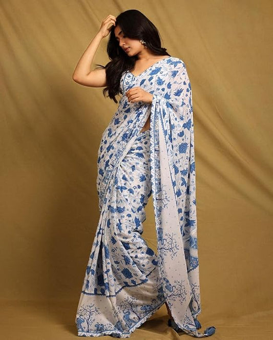 Elegant White & Blue Floral Printed Celebrity Style Saree for Festive & Party Wear