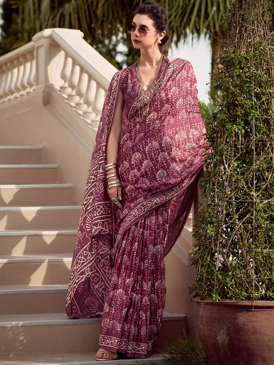 Graceful Maroon Digital Printed Silk Casual Saree with Blouse