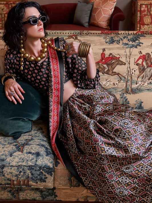 Black Multicolor Printed Satin Saree with Red Border & Designer Blouse