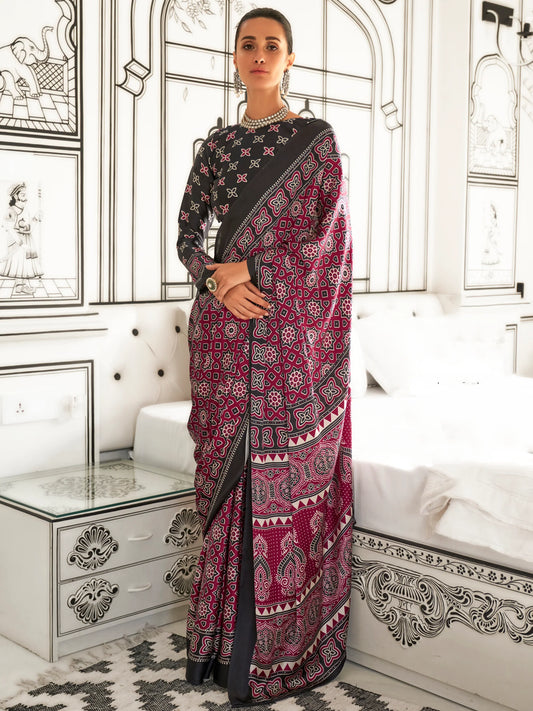 Black & Maroon Bandhani Style Printed Saree with Blouse for Festive Look