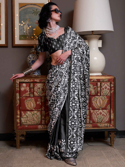 Black & White Ikat Satin Saree with Designer Blouse for Elegant Party Look