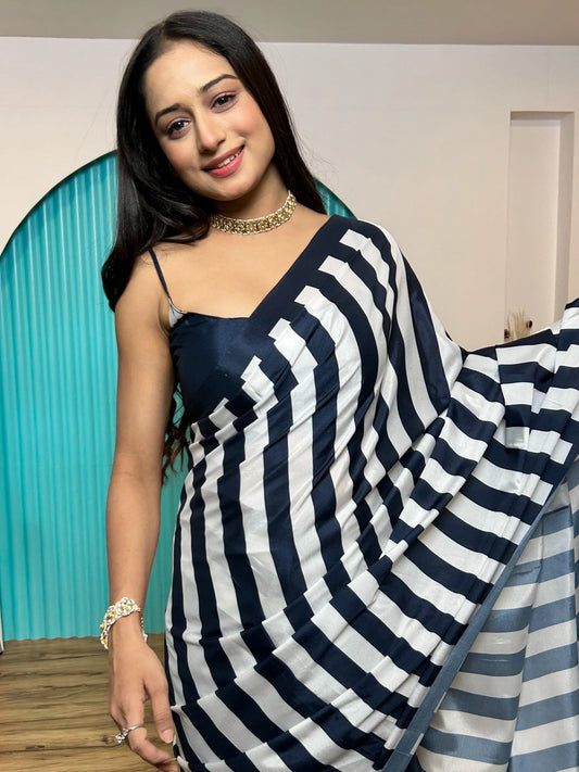 Black & White Striped Satin Saree with Blouse for Party & Casual Wear