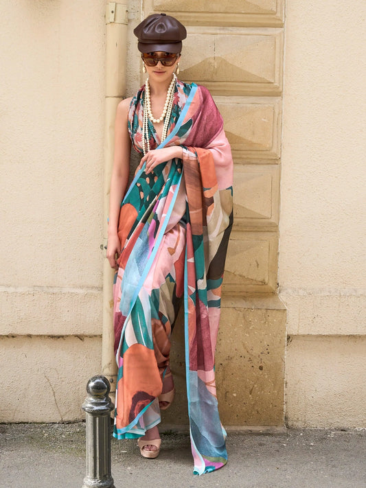 Chic Multi-Color Digital Printed Satin Casual Wear Saree