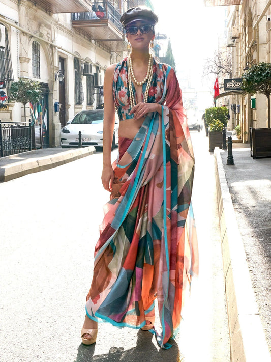 Chic Multi-Color Digital Printed Satin Casual Wear Saree