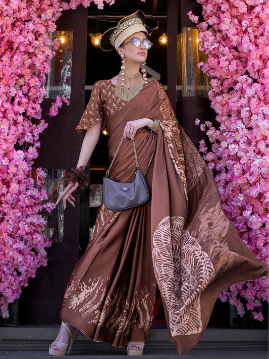 Coffee Brown Printed Satin Saree with Blouse for Designer Festive Look