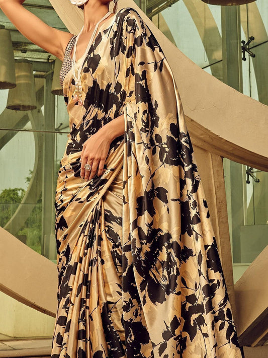 Designer Beige Printed Satin Saree with Modern Aesthetic