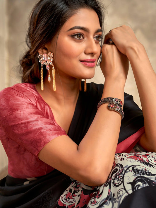 Elegant Black & Maroon Digital Printed Satin Saree with Blouse for Party & Festive Wear