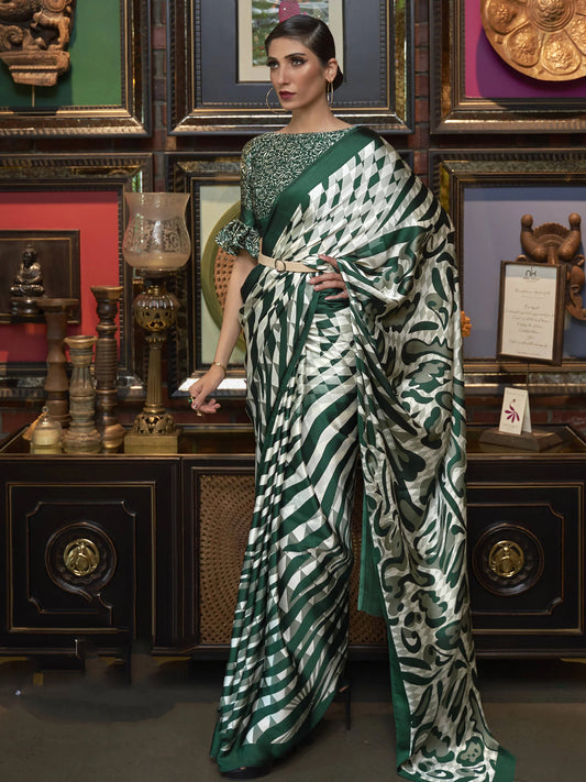 Green & White Designer Satin Saree with Abstract Print and Blouse