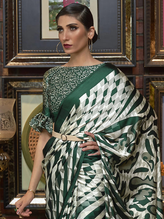 Green & White Designer Satin Saree with Abstract Print and Blouse