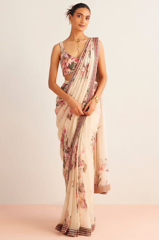 Ivory Floral Organza Saree with Embellished Border and Blouse