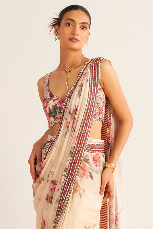 Ivory Floral Organza Saree with Embellished Border and Blouse