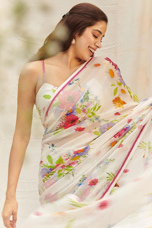 Janhvi Kapoor White Floral Organza Saree with Pink Border for Summer Look
