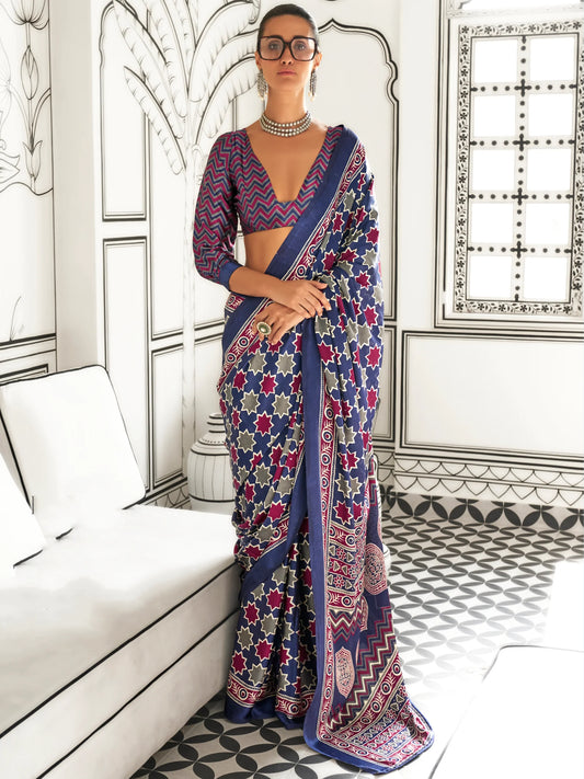 Luxe Navy Multicolor Saree with Star Pattern & Artistic Border