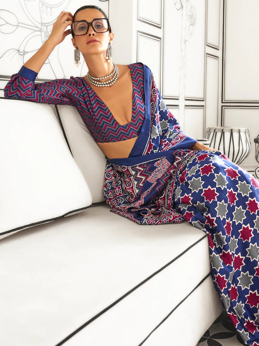 Luxe Navy Multicolor Saree with Star Pattern & Artistic Border