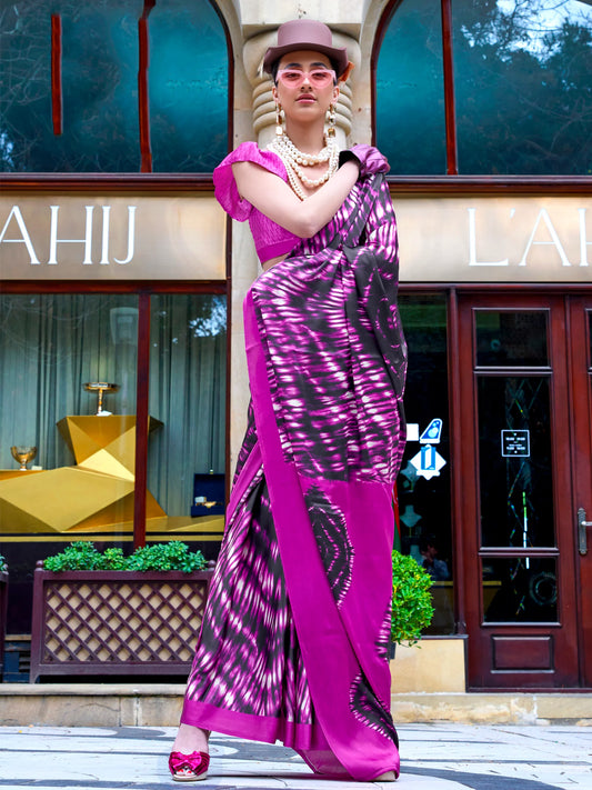 Magenta & Black Abstract Printed Saree with Blouse for Festive Wear