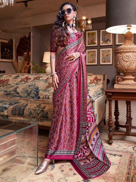 Maroon Ajrakh Printed Satin Saree with Blouse