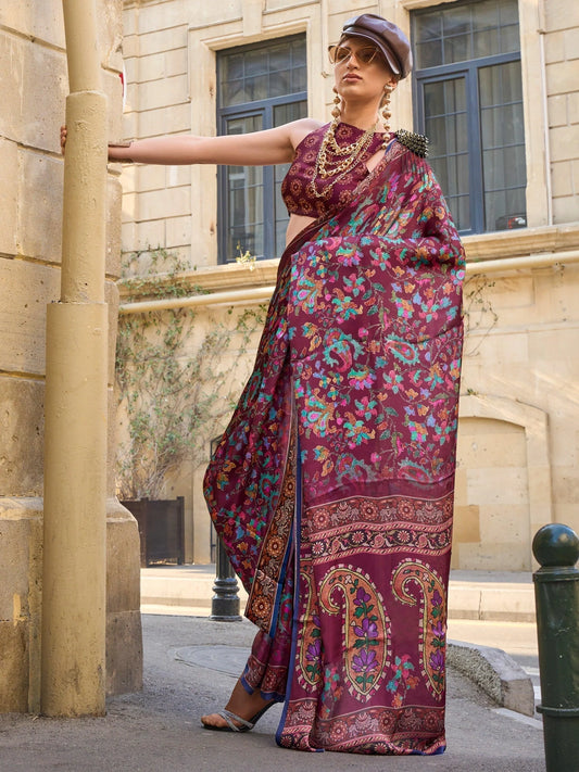 Maroon Multicolor Kashmiri Printed Satin Saree with Blouse for Festive Wear