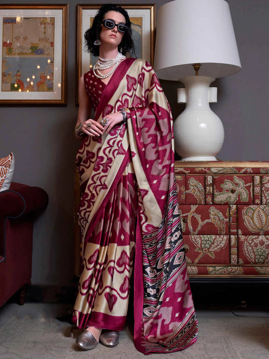 Maroon & Beige Ikat Printed Saree with Blouse for Festive Wear