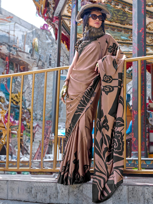 Mocha Brown Satin Saree with Bold Black Floral Print and Blouse