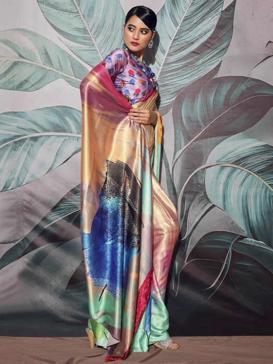 Multicolor Abstract Printed Satin Saree with Blouse for Party Wear