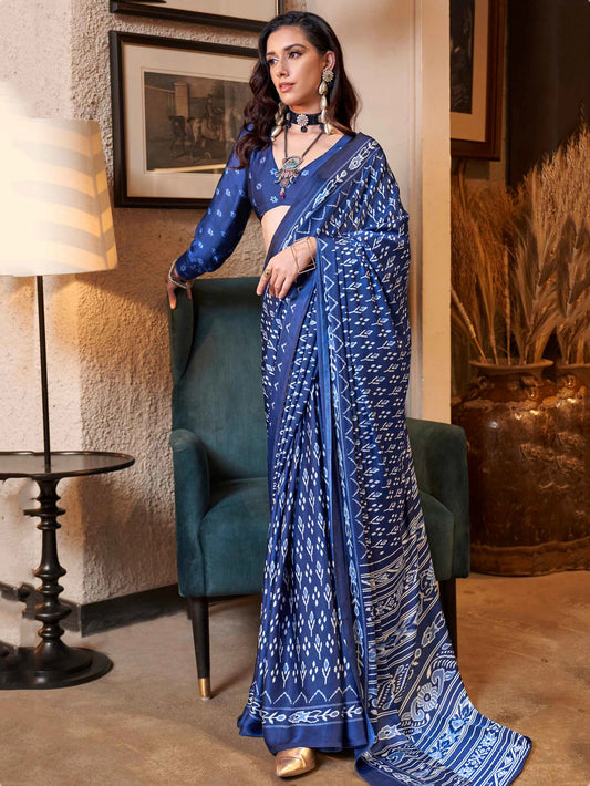 Navy Blue Ajrakh Printed Satin Saree with Blouse for Festive & Ethnic Wear