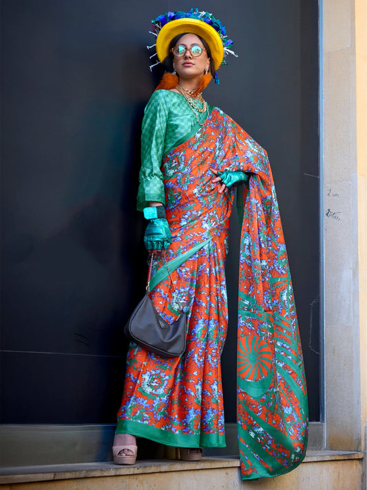 Orange & Green Floral Printed Saree with Blouse for Festive Look