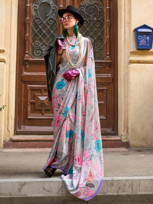 Pastel Floral Printed Satin Saree with Blouse for Summer Wear