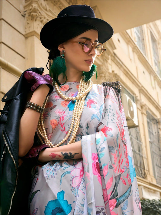 Pastel Floral Printed Satin Saree with Blouse for Summer Wear