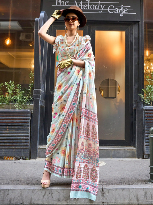 Pastel Floral & Temple Border Printed Saree with Blouse for Summer Elegance