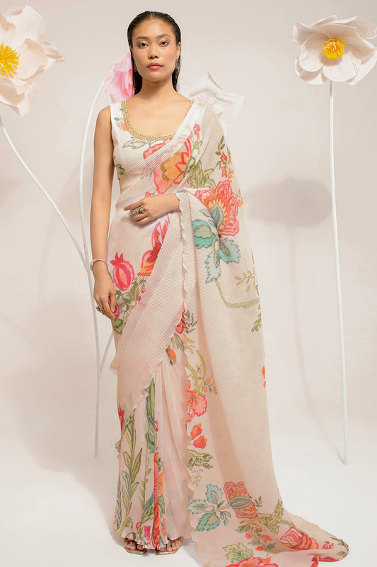 Pastel Pink Floral Printed Organza Saree with Blouse for Summer Wear