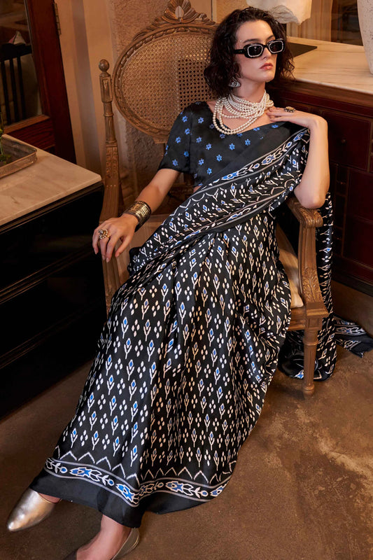 Premium Black Satin Event Wear Saree with Digital Detailing