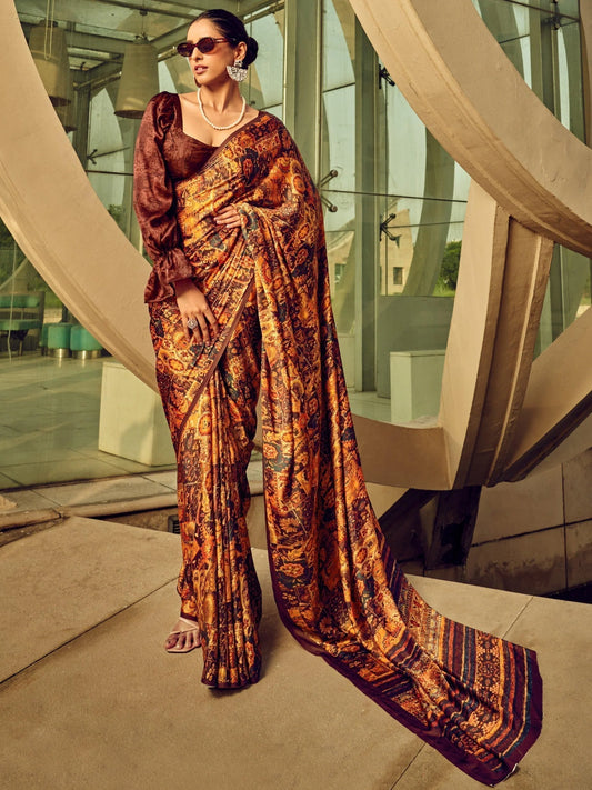 Rust Orange & Brown Ethnic Printed Satin Saree with Blouse for Festive Wear