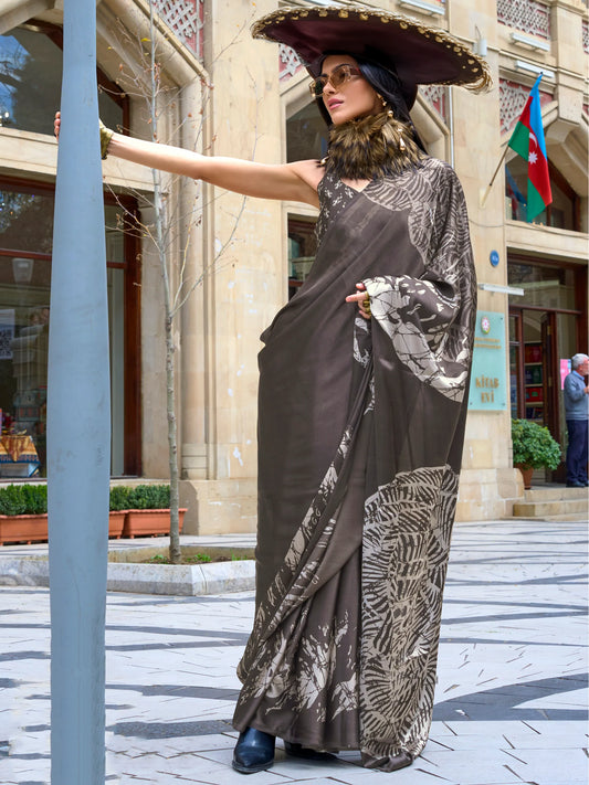 Stunning Grey Printed Satin Saree for Festive Occasions