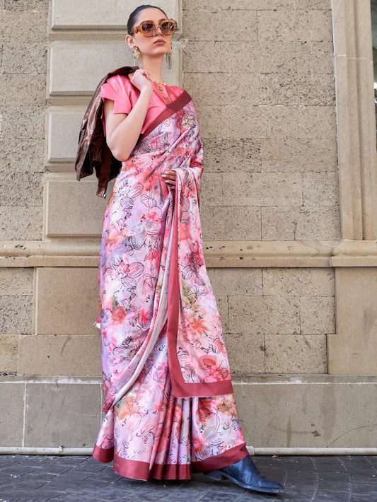 Trendy Pink Floral Printed Organza Saree with Blouse for Casual & Summer Wear