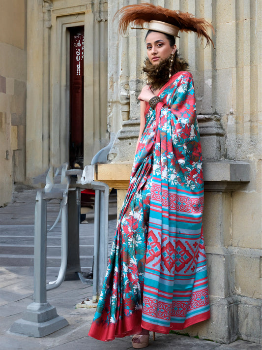 Turquoise & Red Floral Printed Saree with Ethnic Border and Blouse