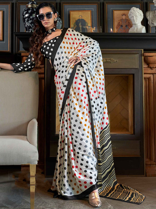 White Polka Dot Satin Saree with Black Border and Blouse for Party Wear