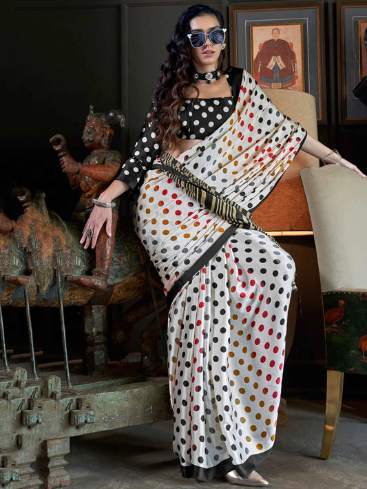 White Polka Dot Satin Saree with Black Border and Blouse for Party Wear