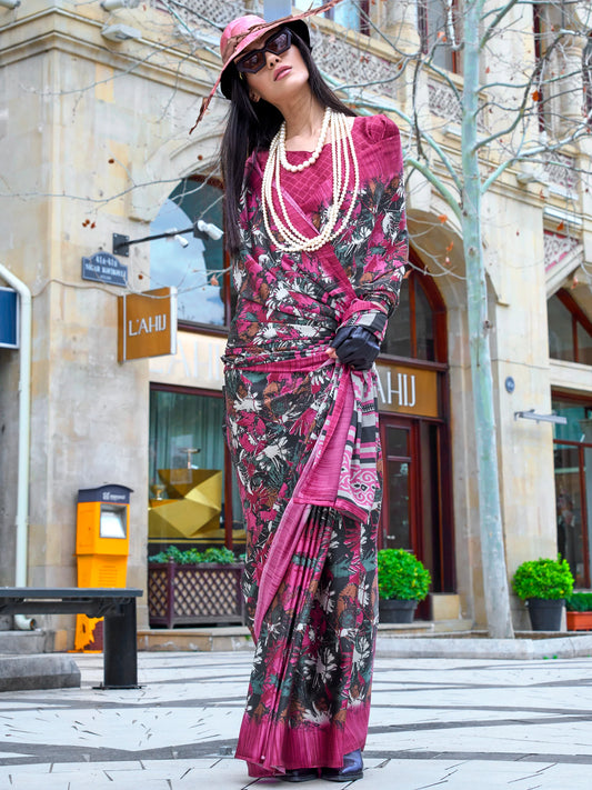 Wine & Black Floral Printed Saree with Blouse for Casual & Festive Wear