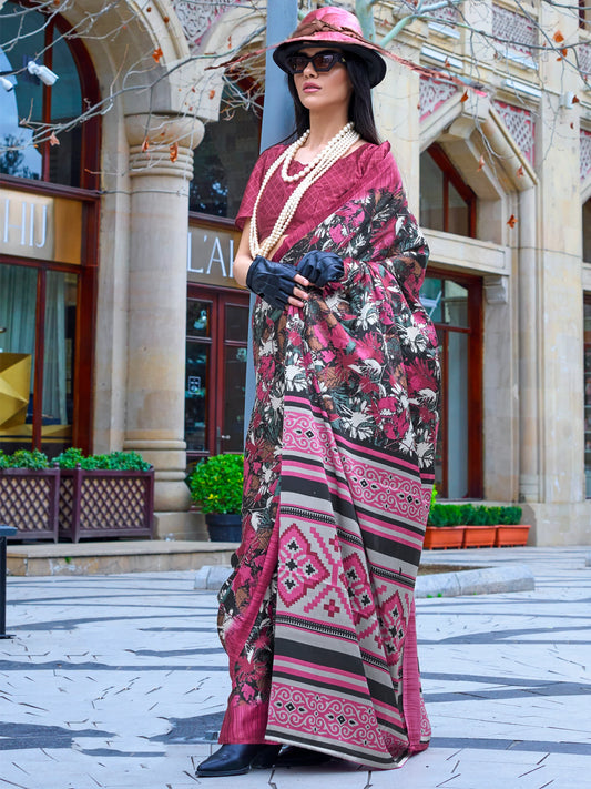 Wine & Black Floral Printed Saree with Blouse for Casual & Festive Wear
