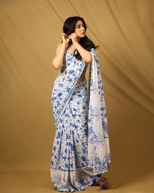 Elegant White & Blue Floral Printed Celebrity Style Saree for Festive & Party Wear