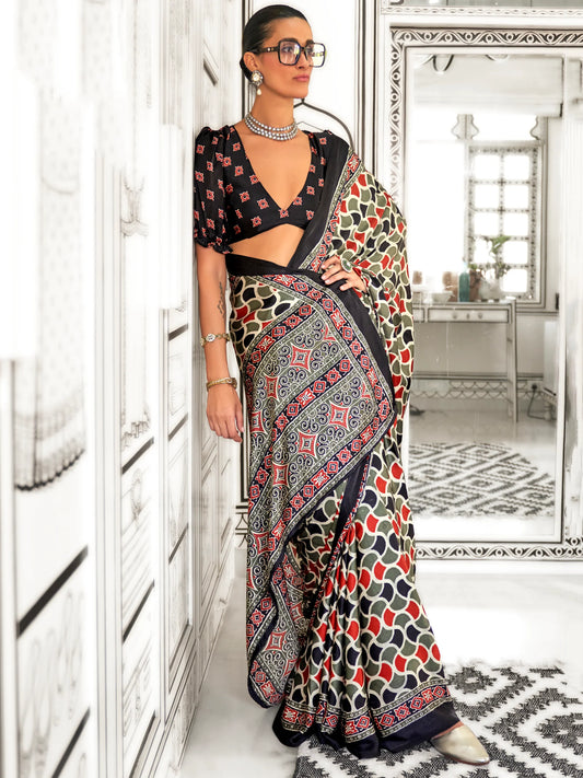 Black Multicolor Geometric Printed Saree with Ethnic Border and Blouse