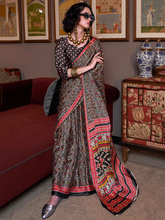 Black Multicolor Printed Satin Saree with Red Border & Designer Blouse