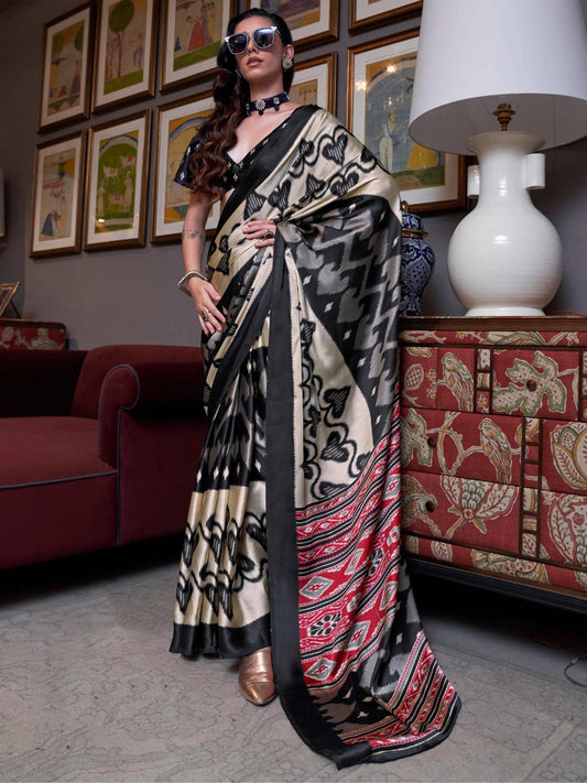 Black & Beige Ikat Printed Satin Saree with Blouse for Party Look