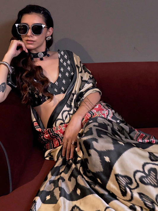 Black & Beige Ikat Printed Satin Saree with Blouse for Party Look