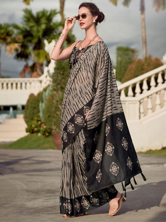 Black & Beige Printed Cotton Saree with Blouse for Elegant Everyday Look