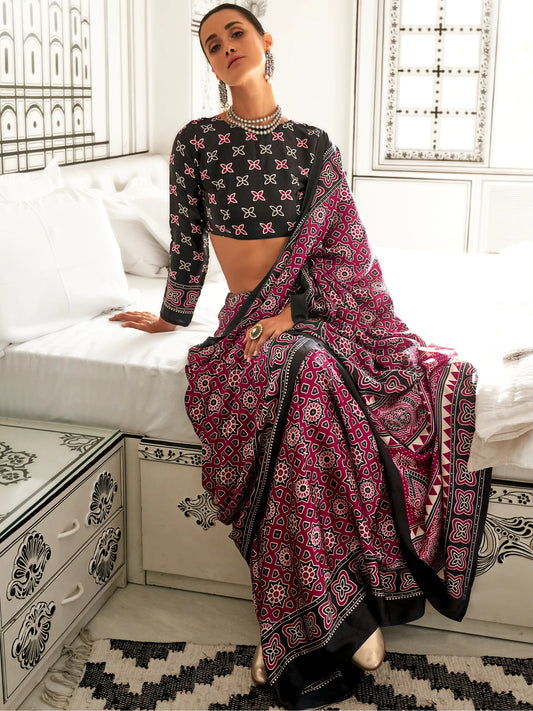 Black & Maroon Bandhani Style Printed Saree with Blouse for Festive Look