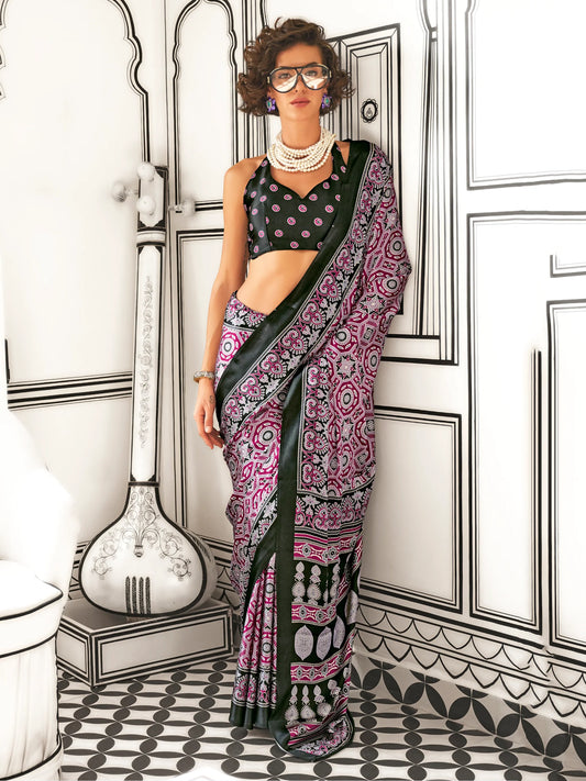 Black & Pink Ethnic Printed Satin Saree with Blouse for Festive Wear