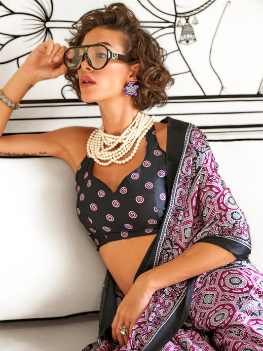 Black & Pink Ethnic Printed Satin Saree with Blouse for Festive Wear