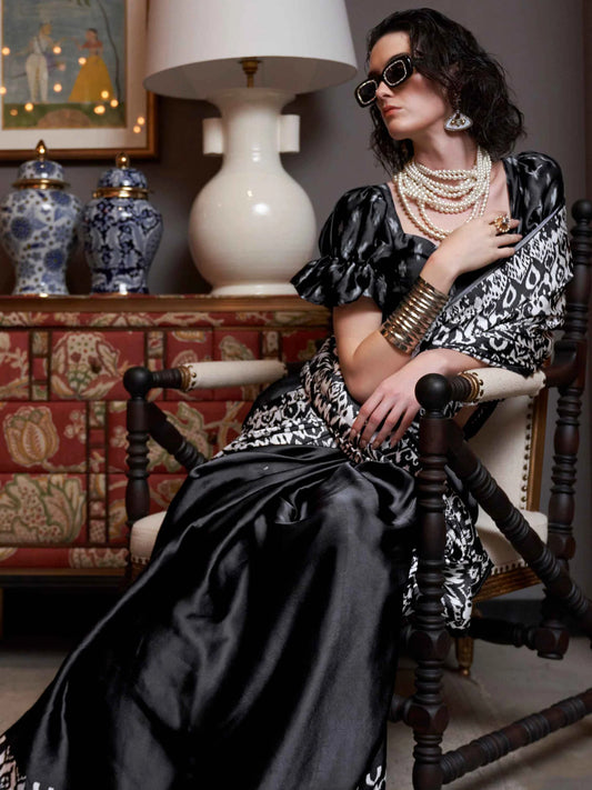 Black & White Ikat Satin Saree with Designer Blouse for Elegant Party Look