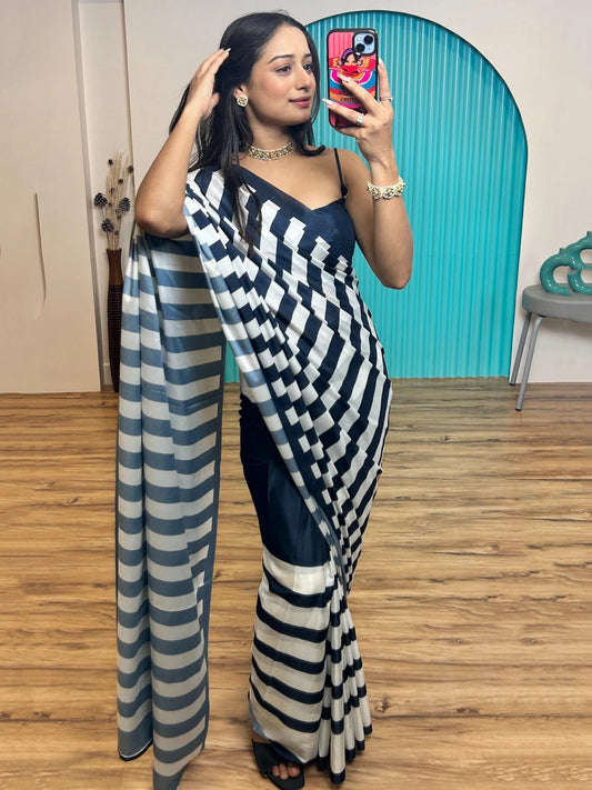 Black & White Striped Satin Saree with Blouse for Party & Casual Wear